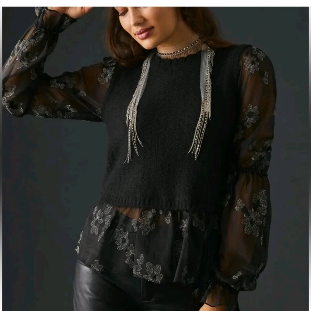 Anthropologie Sweater Womens Small Black Layered Sheer Floral Whimsygoth Boho ,S - Picture 13 of 13
